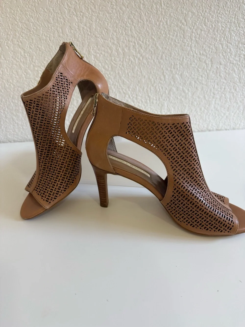 Audrey Brooke | Corrine Laser Cut Leather Heels | Peep Toe Bootie | 9.5